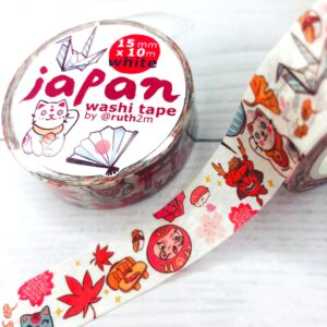 washi tape JAPAN kawaii, blanco con motivos típicos japones