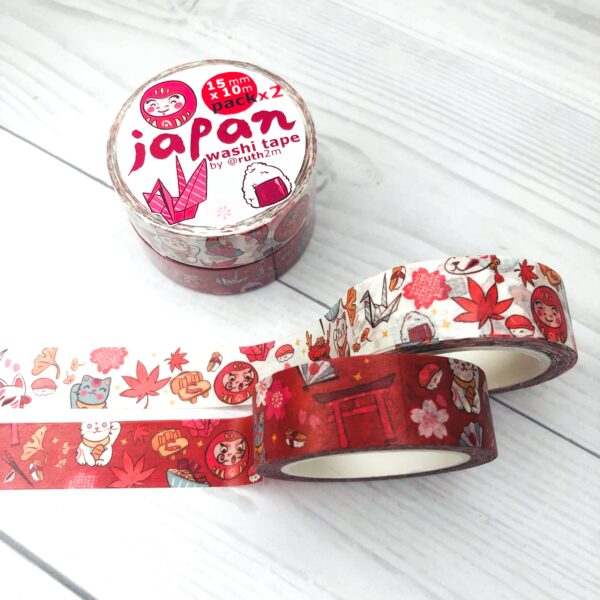 washi tape JAPAN kawaii, blanco y rojo con motivos típicos japones