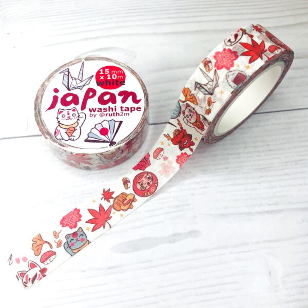 washi tape JAPAN kawaii, blanco con motivos típicos japones