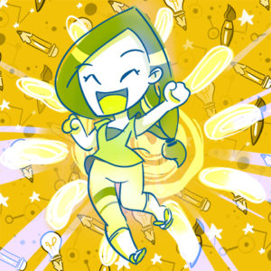 YellowDay_ilustración, pinceles, lapices, mi autoretratoCHIBI muy alegre ...emprendiendo!!